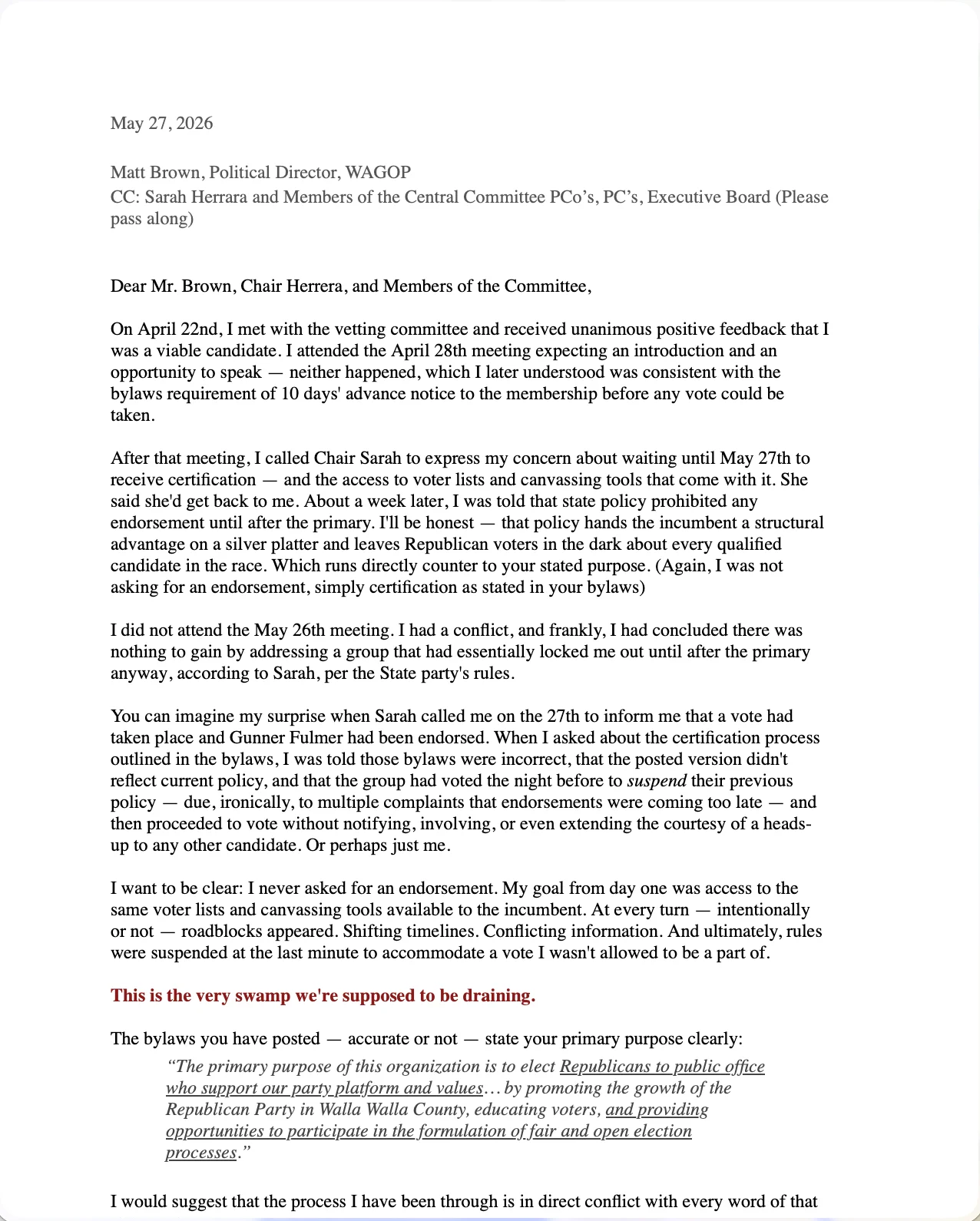 Letter to Matt Brown – WWCRCC