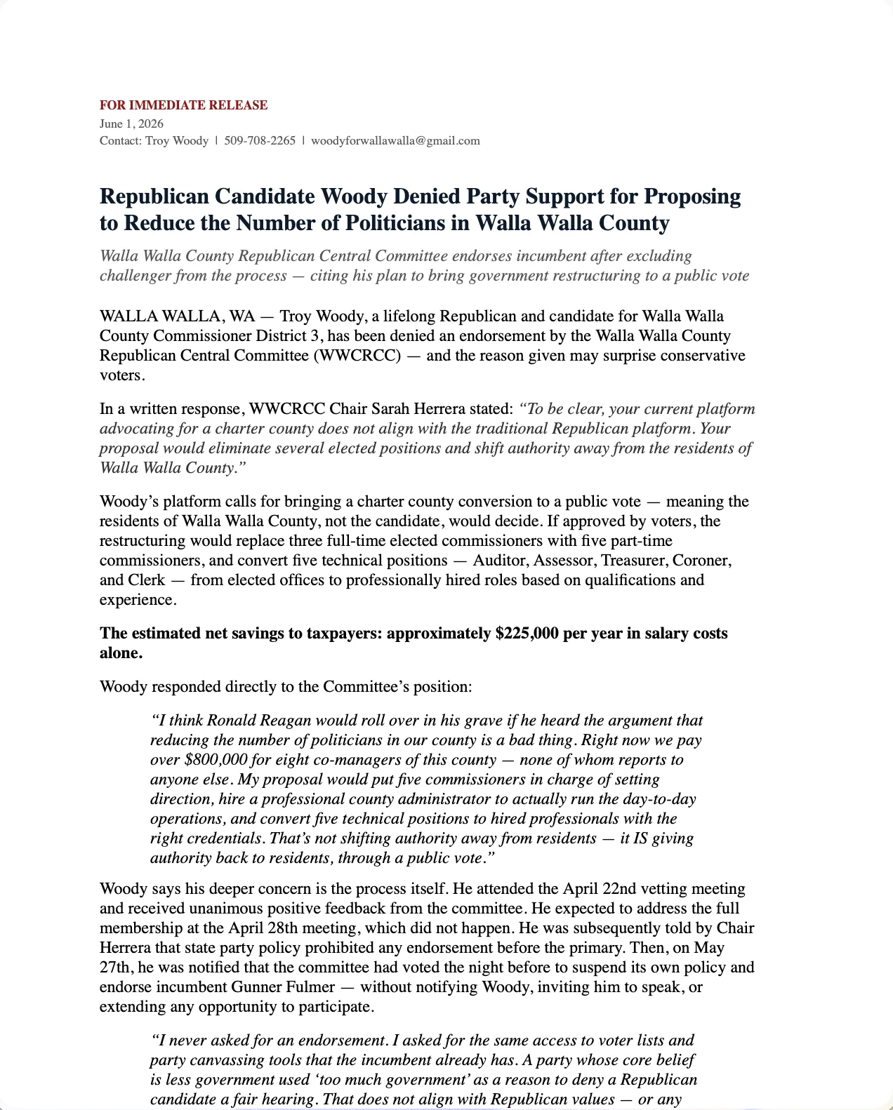 Press Release – WWCRCC Endorsement