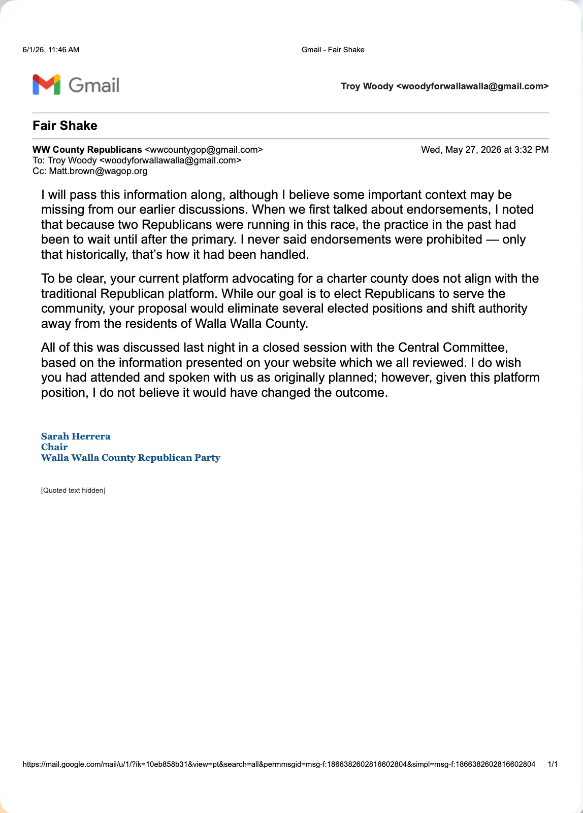 Response from Chair – WW County Republicans